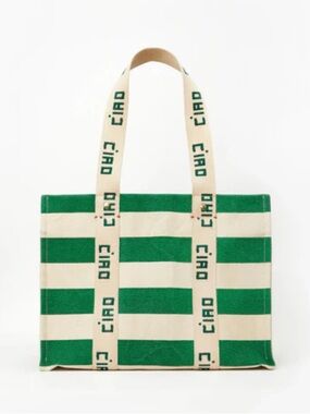 Clare V. Noemie Ciao Tote 
Striped Canvas Tote Bag - Green and Cream NWT